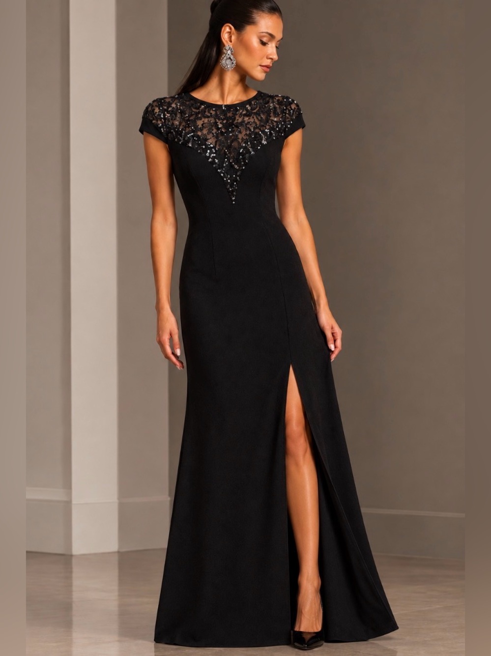 Adrianna Papell Evening Gown Dress with Sequin Lace Yoke